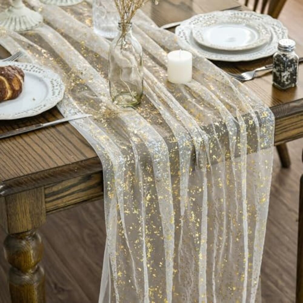 Beige Gold Gauze‎ Table Runner 120 Inch 10FT